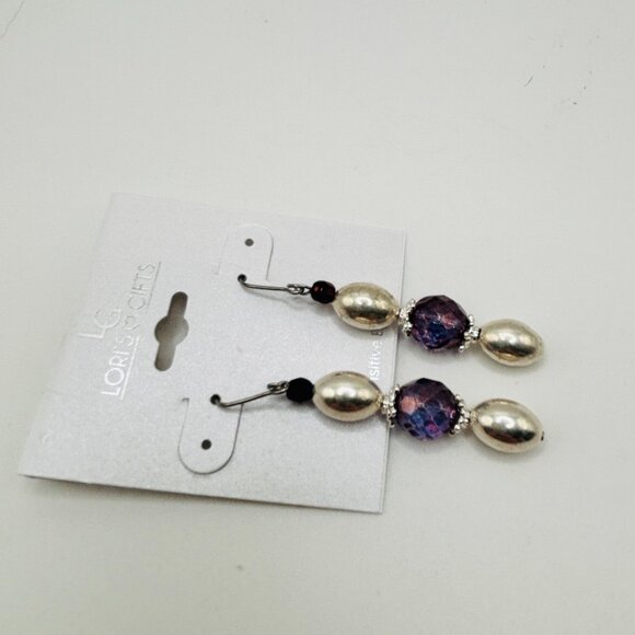 Lori’s Gifts Purple Faceted Bead Drop Earrings Silver Tone Dangle Sensitive Ears - Picture 2 of 4